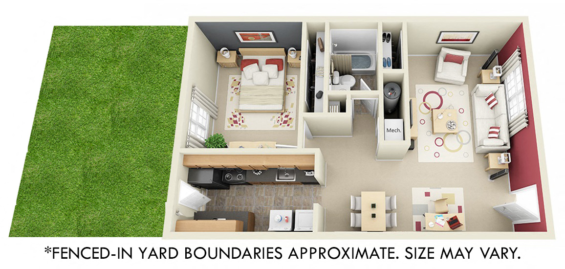Floor plan for 1 bed, 1 bath, 754 sqft